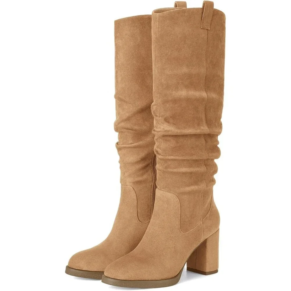 Women's Camel Tall Chunky High Heel Side Zipper Party With Knee High Boots
